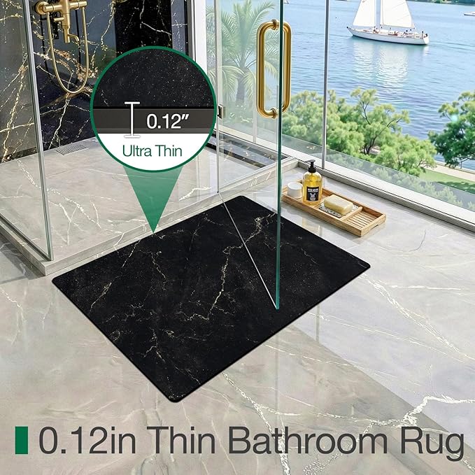 LUMI Ultra Thin Bath Mat, Super Absorbent Quick Dry Bathroom Rugs, Non-Slip Bathroom Mats, Marble Bathmats Fit Under Door, Bathtub, Sink, Shower Room, 17"x30", Black