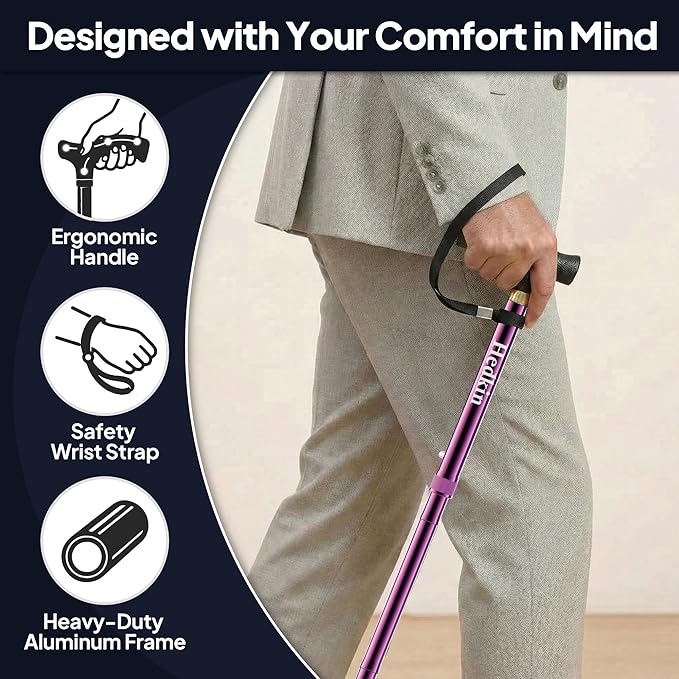 Walking Cane with LED Light, Foldable,Adjustable, Self Standing Walking Canes for Men & Women,Walking Sticks with Quad Base for Seniors & Adults