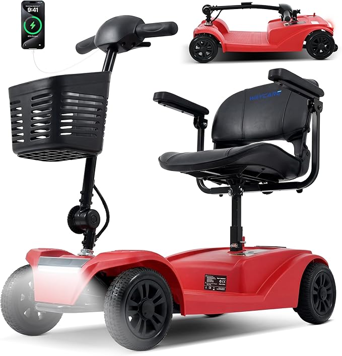 WayCare 15-25 Miles Long Range Mobility Scooter,Weight Capacity 300 LBS+ Powered Mobility Scooters for Seniors, Compact Duty Mobile for Travel with LED Headlight and Detachable Basket(Red)