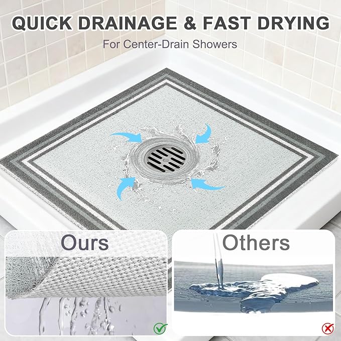 Square Shower Mat Non Slip: 24x24 Inch Extra Large Shower Mats for Inside Shower, Anti Slip Shower Floor Mat, Loofah Shower Stall Mats for Elderly, Non Slip Shower Mat with Drain Hole in Middle