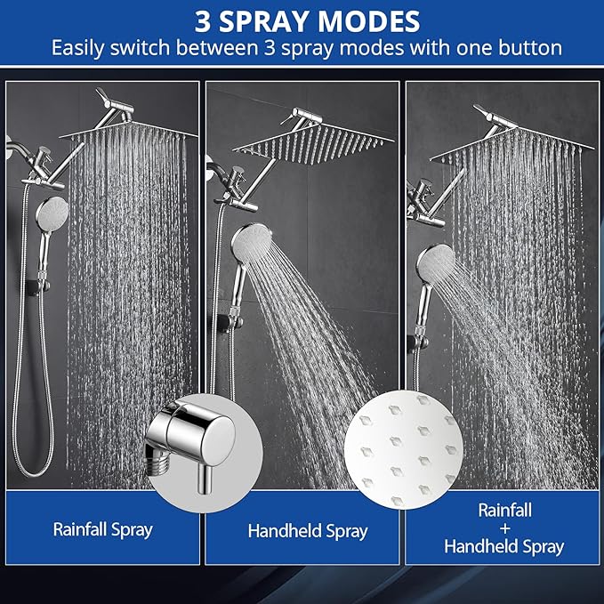 Shower Head, 8 Inch High Pressure Rainfall Shower Head/Handheld Shower Combo with 11 Inch Extension Arm, 9 Settings Adjustable Anti-leak Shower Head with Holder/Hose, Height/Angle Adjustable