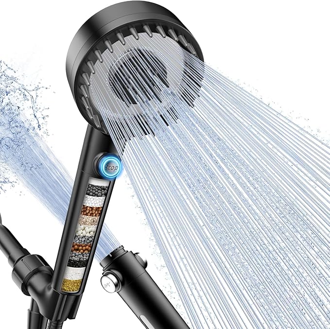 PWERAN Filtered Shower Head with Handheld, High Pressure 4 Spray Mode Showerhead with Filters, Water Softener Beads for Hard Water with ON/OFF Switch for Pets