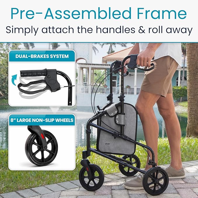 Vive Mobility 3 Wheel Walker - Three Wheeled Rollator for Seniors - Lightweight, Foldable, Narrow, Heavy Duty - for Elderly Men Women - Folding 3-Wheel Tri Scooter with Basket Bag