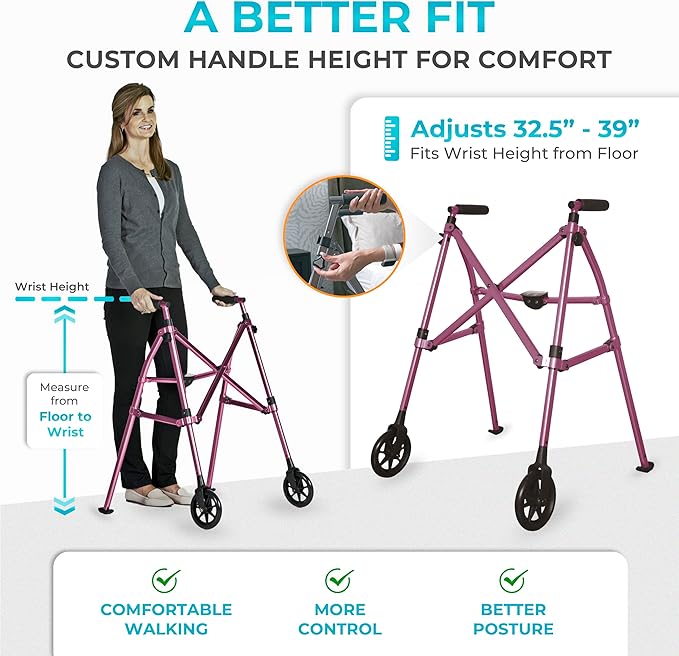 Stander Space Saver Walker, Lightweight Folding Rolling Mobility Aid for Seniors & Adults, Compact 2-Wheel Disability Device with 6-inch Wheels & Ski Glides for Walking Support, Regal Rose