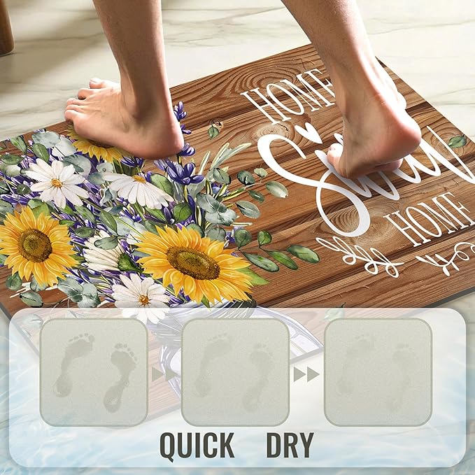 Quick Dry Bath Mat for Bathroom,Super Absorbent Sunflower Welcome Bath Rug Non-Slip Rubber,Machine Washable Bathroom Floor Mat for Shower, Tub, Sink Area Sweet Home Wooden 16x24