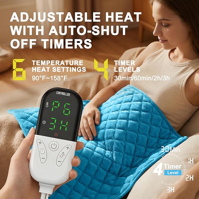 Extra Large Heating Pad for Back Pain 32"x24" King Size XL Electric Heating Pad for Period Cramps Relief & Body Neck Shoulder Auto Shut Off Heat Pad Temperature Settings Machine Washable Blue