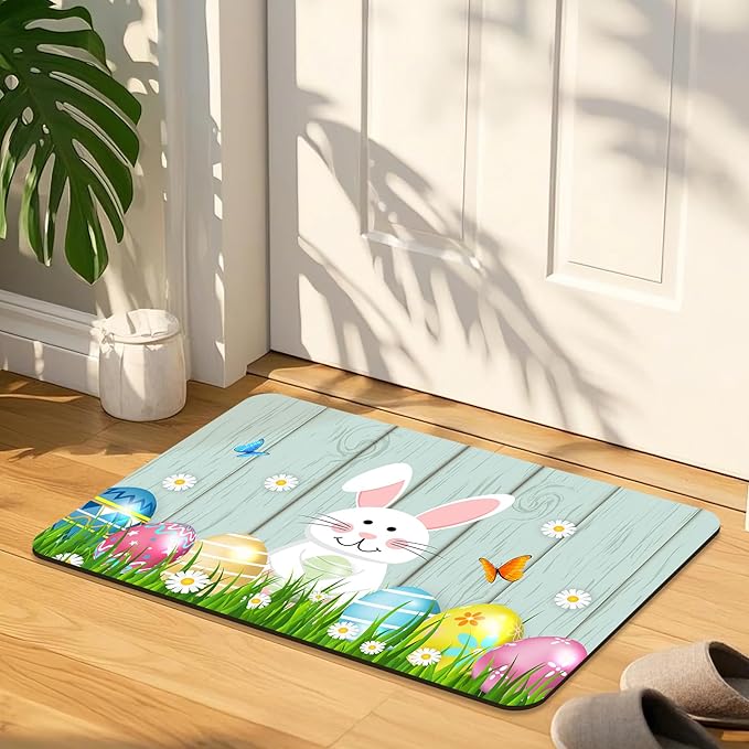 Quick Dry Bath Mat for Bathroom,Super Absorbent Spring Easter Bath Rug Non-Slip Rubber Backing,Machine Washable Bathroom Floor Mat for Shower, Tub, Sink Area Eggs Bunny Cute Rabbits 16x24