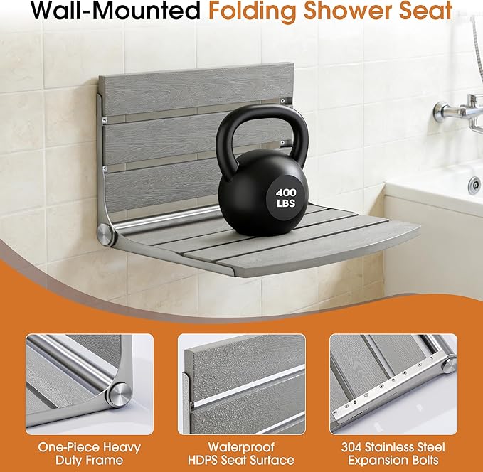 20" Folding Shower Seat, Fold Down Shower Seat Wall Mounted, Stainless Steel Frame with HDPS Seat, 400 lb Load Capacity, Folding Shower Bench for Seniors & Elderly (Gray)