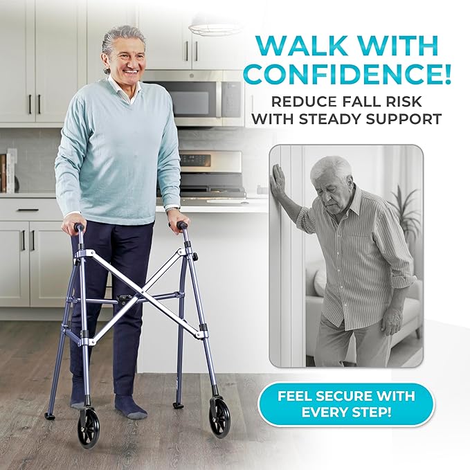 Stander Space Saver Walker, Lightweight Folding Rolling Mobility Aid for Seniors & Adults, Compact 2-Wheel Disability Device with 6-inch Wheels & Ski Glides for Walking Support, Cobalt Blue