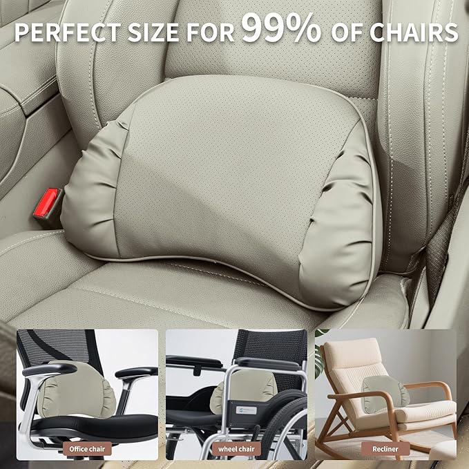 Lumbar Support Pillow for Car Seat, Memory Foam Leather Lumbar Pillow for Lower Back Pain Relief - Back Cushion for Driving, Chair Support for Office Chair, Gaming Chair, Off White, 1 Pack