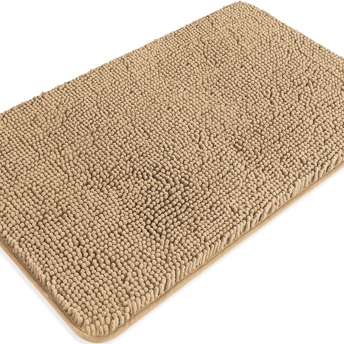 Beige Bathroom Rugs – Absorbent and Washable Bath Mat, Non-Slip, Thick Soft Chenille Bath Rugs for Bathroom Floor, Shower, Sink - 20" x 32"