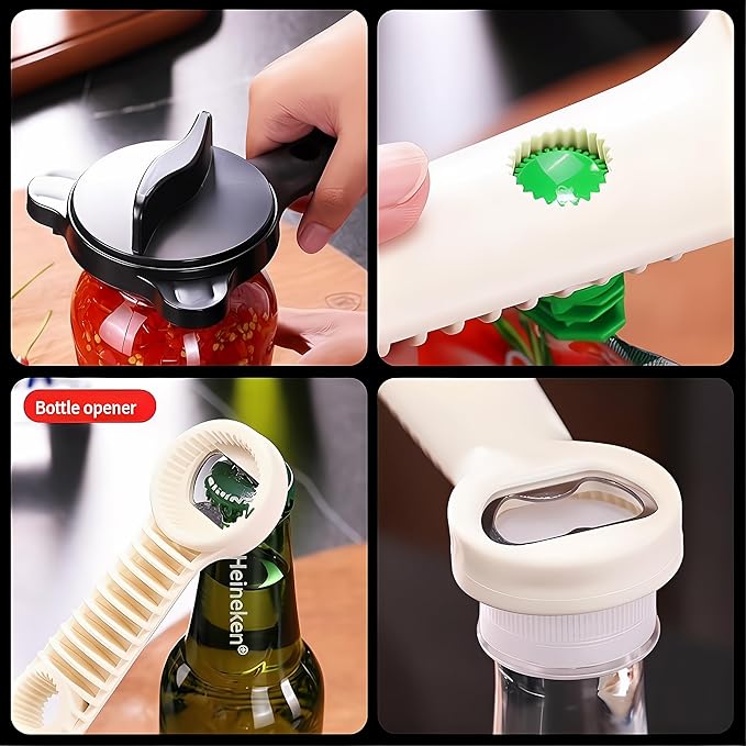 4-in-1 Adjustable Jar Opener for Seniors with Arthritis – Stainless Steel Lid & Bottle Opener, Ergonomic Easy Grip, Fits 1–4 Inch Caps, Heavy Duty Kitchen Can Opener Tool (Gray)