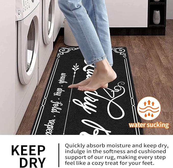 XLHOMO Laundry Room Rug Runner, 17"x60" Non Slip Black Nappa Leather Laundry Rugs, Farmhouse Washable Floor Laundry Mats for Laundry Room, Kitchen, Washroom, Bathroom, Mudroom, Hallway Entryway Decor