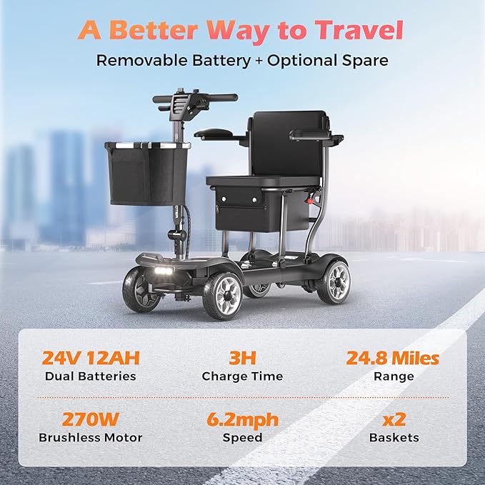 Lightweight Mobility Scooter for Adults & Seniors - Cruise & Airport Approved, 43lb Foldable Portable Motorized Scooters with Dual Lithium Batteries for 24.8 Miles Travel, 300lb Capacity, Black