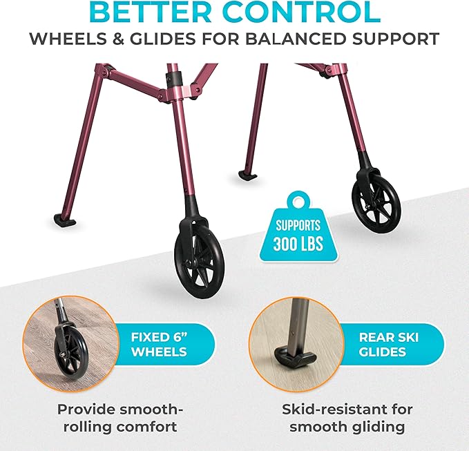 Stander Space Saver Walker, Lightweight Folding Rolling Mobility Aid for Seniors & Adults, Compact 2-Wheel Disability Device with 6-inch Wheels & Ski Glides for Walking Support, Regal Rose