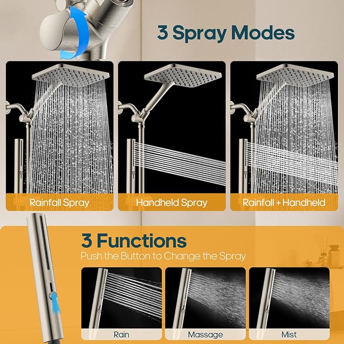 High Pressure Rain Shower Head with Handheld Combo, 10 Inch Square Rainfall Showerhead, Adjustable Slide Bar Dual Shower System, 3 Spray Modes, 59" Stainless Steel Hose, Brushed Nickel