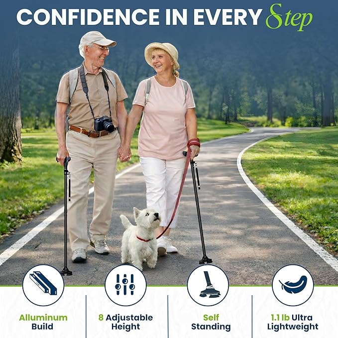 Walking Cane for Men & Women – Foldable, Adjustable, Self-Standing Cane with 360° Pivot Base, Comfortable Grip, Heavy Duty Canes for Women, Collapsible Walking Stick with Travel Bag for Seniors Adults