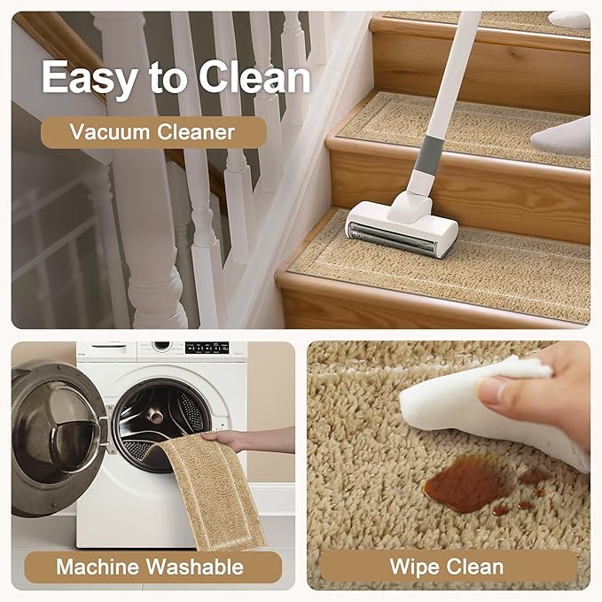 Non Slip Microfiber Stair Treads for Wooden Steps, 15PCS 8"x30" Indoor Safety Carpet, 3D Cut & Loop Tufted Edging Mats with TPE Adhesive Backing, Pet & Elderly Friendly Stair Rugs (Tan Border)