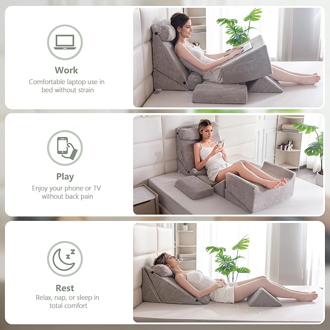 HIGOGOGO 10PCS Orthopedic Bed Wedge Pillow Set – Adjustable Soft Foam Body Positioners for After Surgery Recovery, Back & Leg Pain Relief, Sitting Up in Bed, Acid Reflux & GERD, Grey