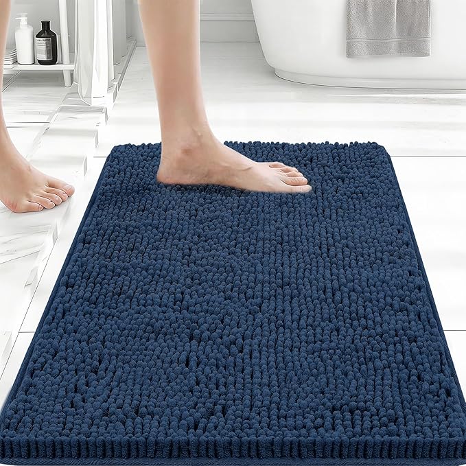 Bcoimo 24x17 Chenille Bath Mat – Non-Slip with Backing Bath Rug Ultra-Absorbent and Machine Washable Bathroom Mat Quick-Dry Design. Ideal for Bathroom Shower and Tub Areas