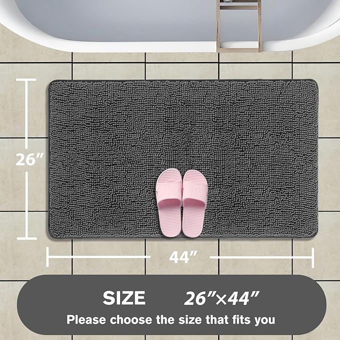 Gray Bathroom Rugs – Absorbent and Washable Bath Mat, Non-Slip, Thick Soft Chenille Bath Rugs for Bathroom Floor, Shower, Sink - 26" x 44"