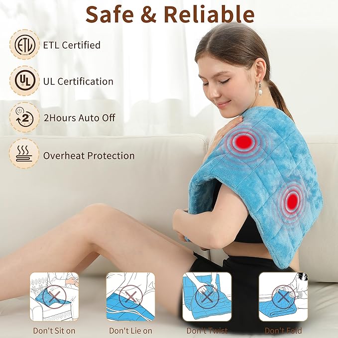 Weighted Heating Pad with Massager, HSA Electric Heating Pad for Back Pain Relif, 2.88LBS Heat Pad for Period Cramps with 2H Auto Shut Off 3 Massager Levels and 3 Heating Levels, 12"x24" Royal Blue