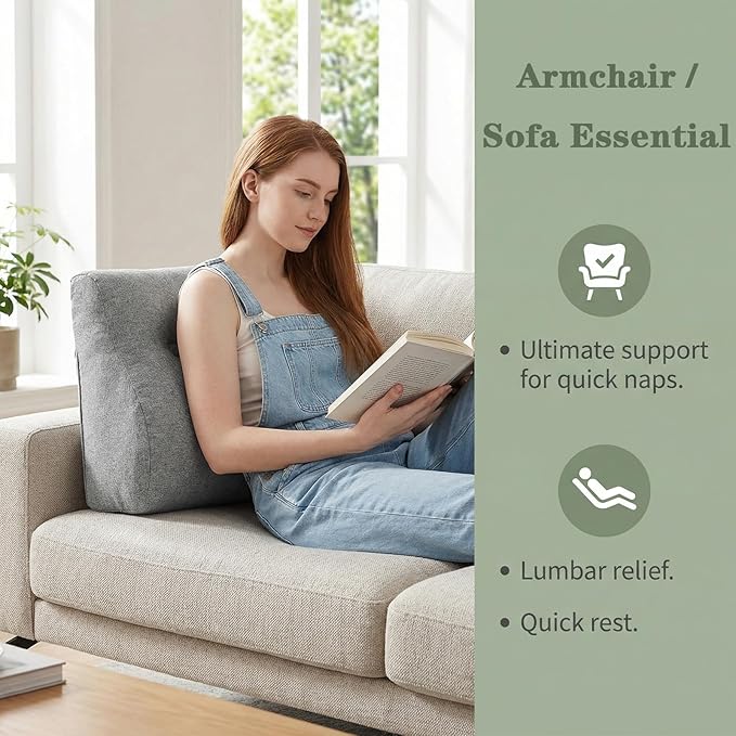 baibu Lumbar Support Pillow for Recliner, Large Memory Foam Dual-Layer Patent Design Back Support Cushion for Sofa & Gaming Chair, Ergonomic Lumbar Pillow with Machine Washable Cover, Light Grey