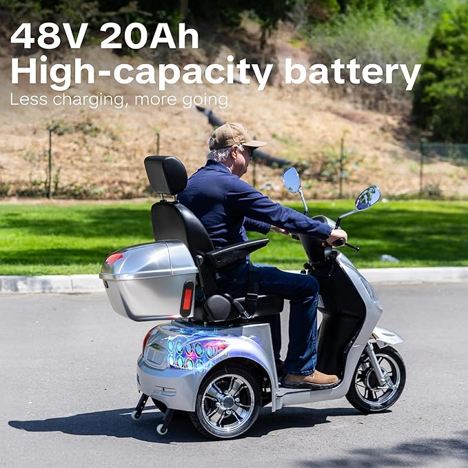 Super Large Electric 4 Wheel Mobility Scooters, Heavy Duty 800W Wheelchair Device, 25 Miles Long Range, All Terrain Mobility Scooter，Speed Adjust, Remote Key,Receive Ready to Ride (3 Wheel-Silver)