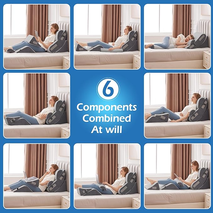 Ahpmeoa 6PCS Orthopedic Bed Wedge Pillow Set for Sitting up in Bed, Memory Foam Post Surgery Pillow for Back Pain Relief, Back Support Pillow for Acid Reflux Relief, GERD, Anti Snoring (Grey)
