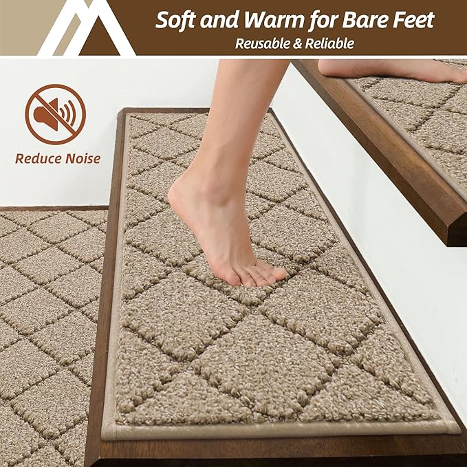 COSY HOMEER Edging Stair Treads Non-Slip Carpet Mat 28inX9in Indoor Stair Runners for Wooden Steps, Edging Stair Rugs for Kids and Dogs, 100% Polyester TPE Backing(4pc, Beige)