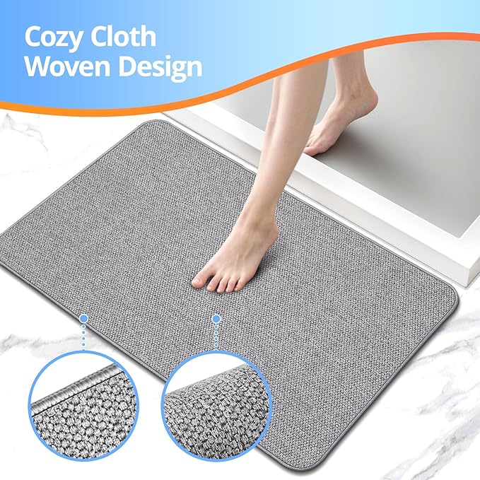 Upgraded Bath Mat 24x36Inch, Thin Bath Mats Rugs with Rubber Backing Non-Slip, Absorbent,Quick Dry Machine Washable, Home Decor Accessories Cozy Cloth Bathroom Rugs fit Under Door/Sink/Tub/Shower-Gray