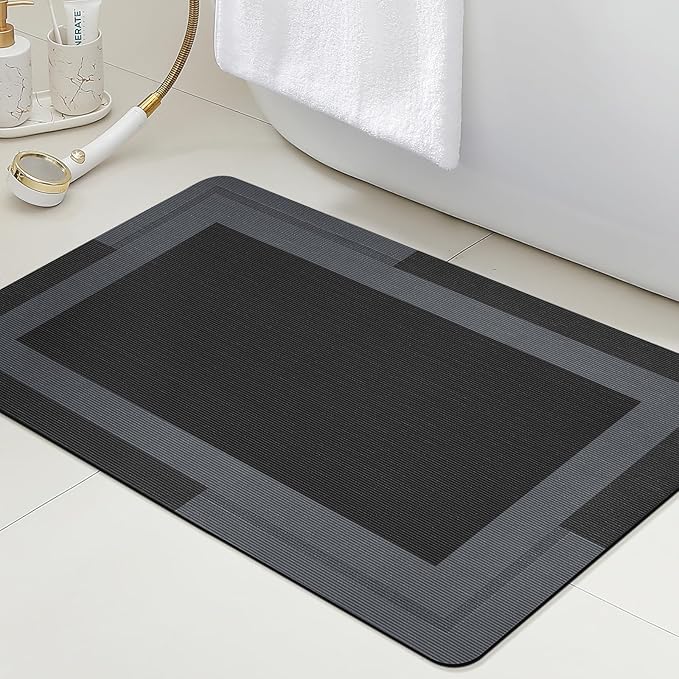 ACCUMTEK Non Slip Bath Mat, Thin Bathroom Rugs Fit Under Door, Quick Dry Bath Mats, Machine Washable Bath Rugs for Bathroom, Bathtub & Kitchen, Bathtub, Black/Bordered/36 x24