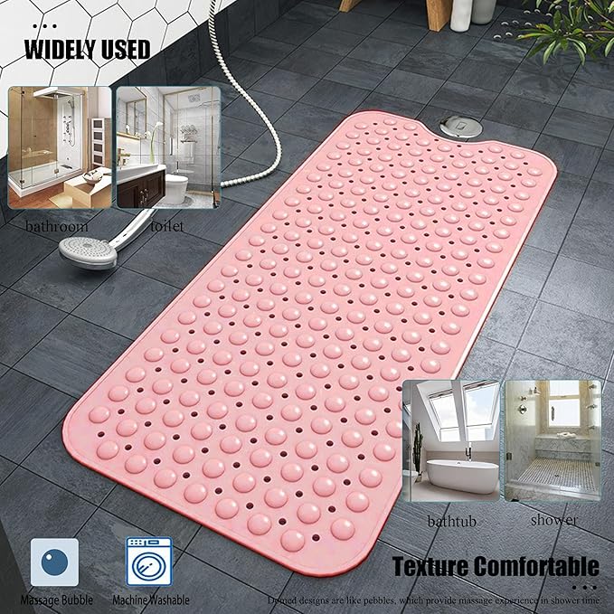 Bathtub and Shower Mats, Extra Long Non-Slip Bath Mat 39 x 16 Inch, Machine Washable Bath Tub Mat with Suction Cups & Drain Holes for Bathroom, Pink