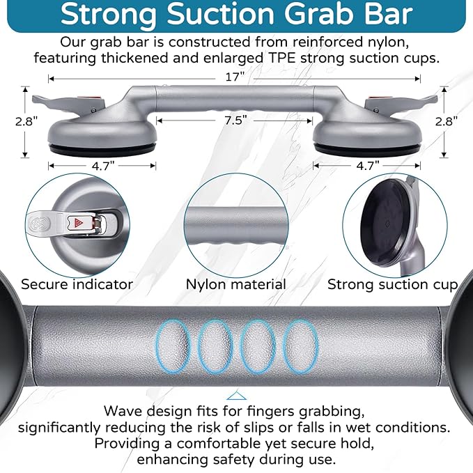Suction Grab Bar for Shower Bathtub, Heavy Duty Shower Handle with Strong Suction Cup for Bathroom Wall, Max 269lbs Safety Handrails Non-Slip Grip for Seniors Elderly Disabled Handicap, 17 Inch Silver