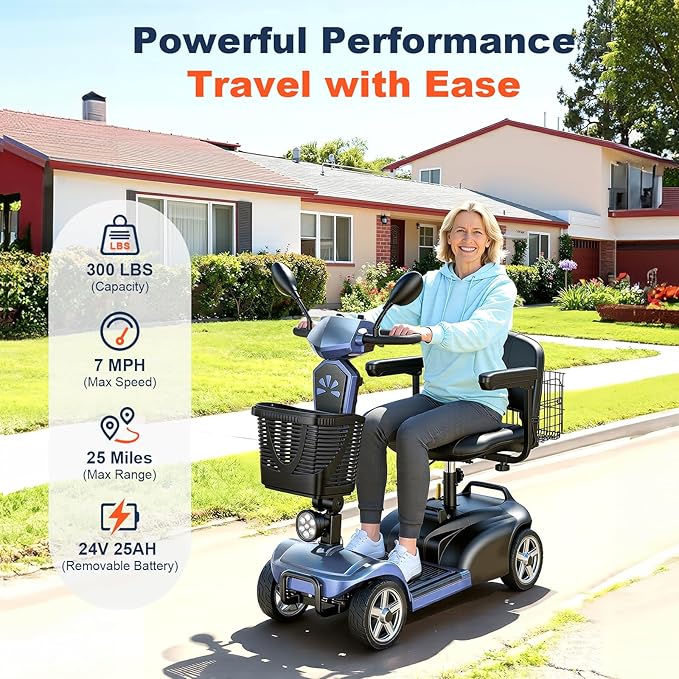 15/25/30/50Miles Eldryvon 4 Wheels Electric Mobility Scooter for Seniors, Dual Basket, 350W Powered Wheelchair with Rotating Seat, Mirrors, Foldable Motorized Scooter for Adults (Grey, 25Miles)