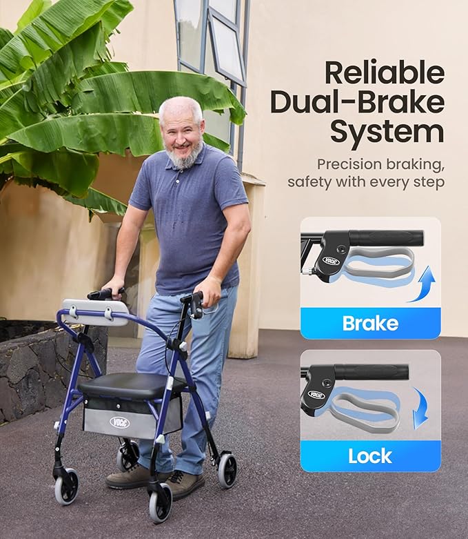 VOCIC Walkers for Seniors, Z12 Rollator Walker with Seat, Ergo Seat & Backrest, Foldable Rollator Adjustable Height, All Terrain Walker, Ultra Light