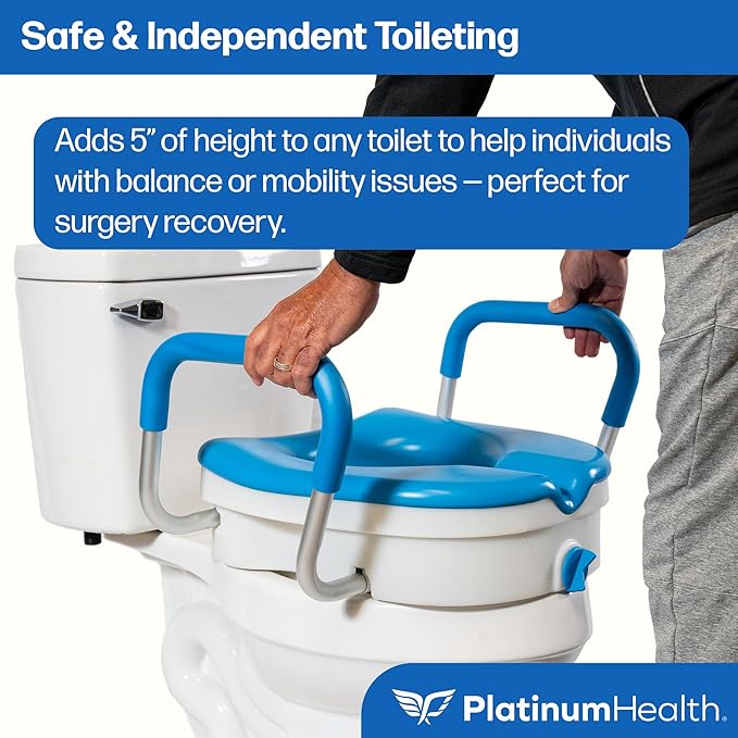 Platinum Health Soft-TOP 2.0 Deluxe Padded Raised Toilet Seat. Soft, Warm. Elevated Riser for Elongated/Round Toilets. Width Adjustable. Adds 5 Inches in Height for Safe Toileting. (with armrests)