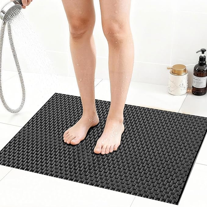 Extra Large Non-Slip Shower Mat, Fast-Dry PVC Bath Stall & Tub Mat, Drain-Hole Design,for Shower Stall Tub for Elderly/Kids，Non Slip Bathroom Safety Accessory，Black 32"x17"
