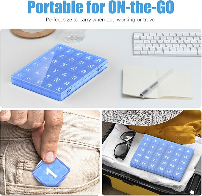 Monthly Pill Organizer Once a Day - 30 Day Pill Organizer Box - Squeeze to Open - Large Compartments Portable Case for Travel, Month Pill Cases Medicine Organizer for Vitamin (Blue)