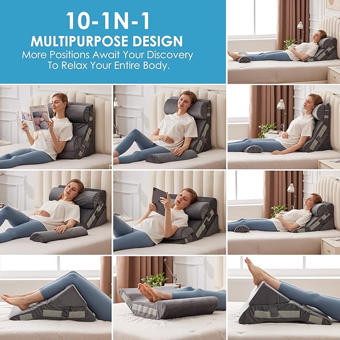 MEGCXIT 4PCS Bed Wedge Pillow for Headboard, Adjustable Wedge Pillow for Sleep Apnea, 23” Wide Triangle Pillow Wedge Set for After Surgery, Acid Reflux Relief, Snoring, Neck&Back Support, Grey
