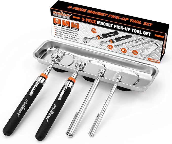 HORUSDY 5-Piece Magnetic Pickup Tools Set, Include 15LB, 10LB, 3LB, 1.5LB Magnet Sticks, Rust-Proof Magnetic Tray, Telescoping Design for Mechanics, Automotive, DIY, Gifts for Men, Dad, Husband