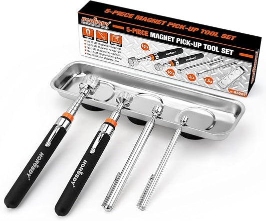 HORUSDY 5-Piece Magnetic Pickup Tools Set, Include 15LB, 10LB, 3LB, 1.5LB Magnet Sticks, Rust-Proof Magnetic Tray, Telescoping Design for Mechanics, Automotive, DIY, Gifts for Men, Dad, Husband