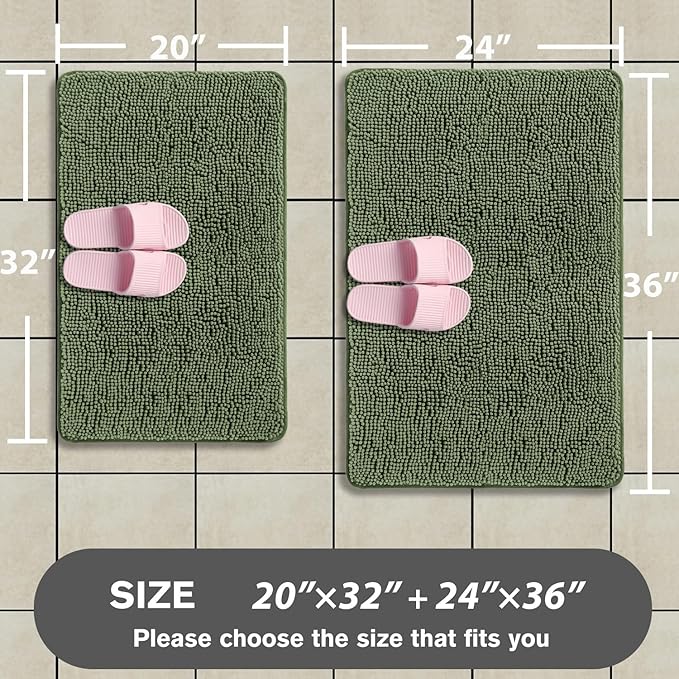 Loden Green Bathroom Rugs Sets 2 Piece – Absorbent and Washable Bath Mat, Non-Slip, Thick Soft Chenille Bath Rugs for Bathroom Floor, Shower, Sink - 20" x 32"+24" x 36"