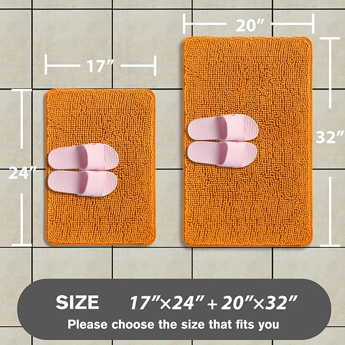 Flame Orange Bathroom Rugs Sets 2 Piece – Absorbent and Washable Bath Mat, Non-Slip, Thick Soft Chenille Bath Rugs for Bathroom Floor, Shower, Sink - 17" x 24"+20" x 32"