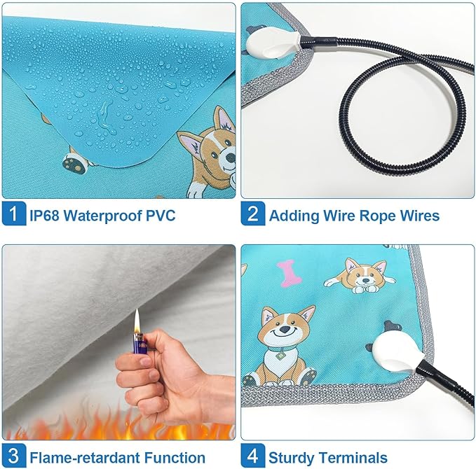 GOLOPET Dog Heating Pad 28×18 in Waterproof Heated Dog Bed,Smart Thermostat Switch with Normally Open On Function,Puppy Heating Pad with Metal Protective Tubes Added-Blue
