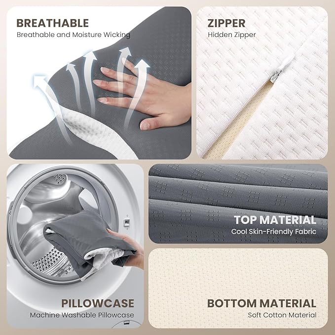 JINXIA Cervical Neck Pillow for Neck and Shoulder, Odorless Memory Foam Pillow with Soft Silk Cover, Ergonomic Orthopedic Neck Support Pillow for Side, Back & Stomach Sleepers - Gray
