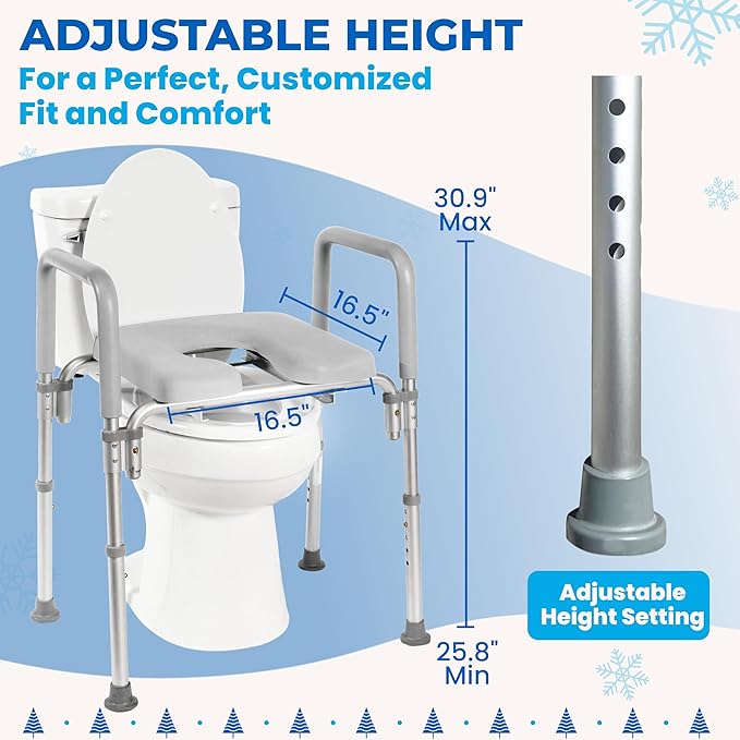 Ultimate Raised Toilet Seat with Handles, Padded, Armrests, Adjustable Height, Premium Elevated Toilet Seat for Elderly Bathroom Safety with Arms, Standard and Elongated Toilets, Gray