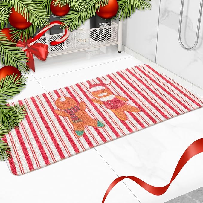 Hargiis Christmas Non-Slip Bathtub Mat, Anti Slip Shower Mat, Fast Drying Bathtub Mats, Foot Scrubber Mat for Tub, Floor, Bathroom, Kitchen, Home, Hotel (Gingerbread Santa, 40"x16")