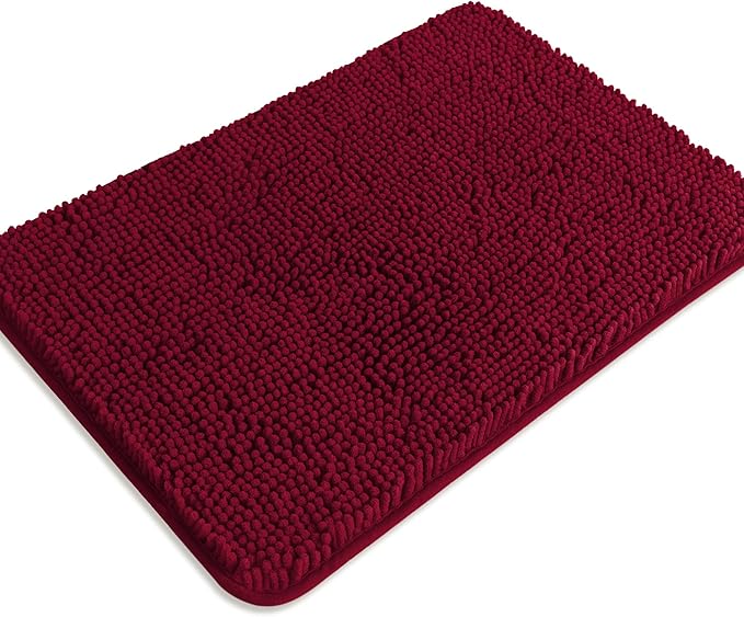 Vivid Burgundy Bathroom Rugs – Absorbent and Washable Bath Mat, Non-Slip, Thick Soft Chenille Bath Rugs for Bathroom Floor, Shower, Sink - 17" x 24"