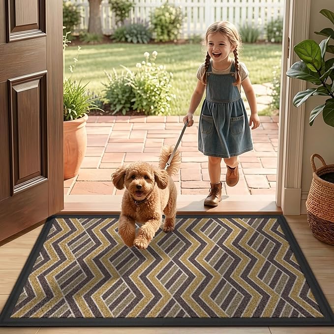 LUMI Front Door Mat 17x30, Low-Profile Non-Slip Welcome Mat for Indoor Outdoor, Stain & Fade Resistant Geometric Door Mat for Entryway Patio Porch, Zig-Amber